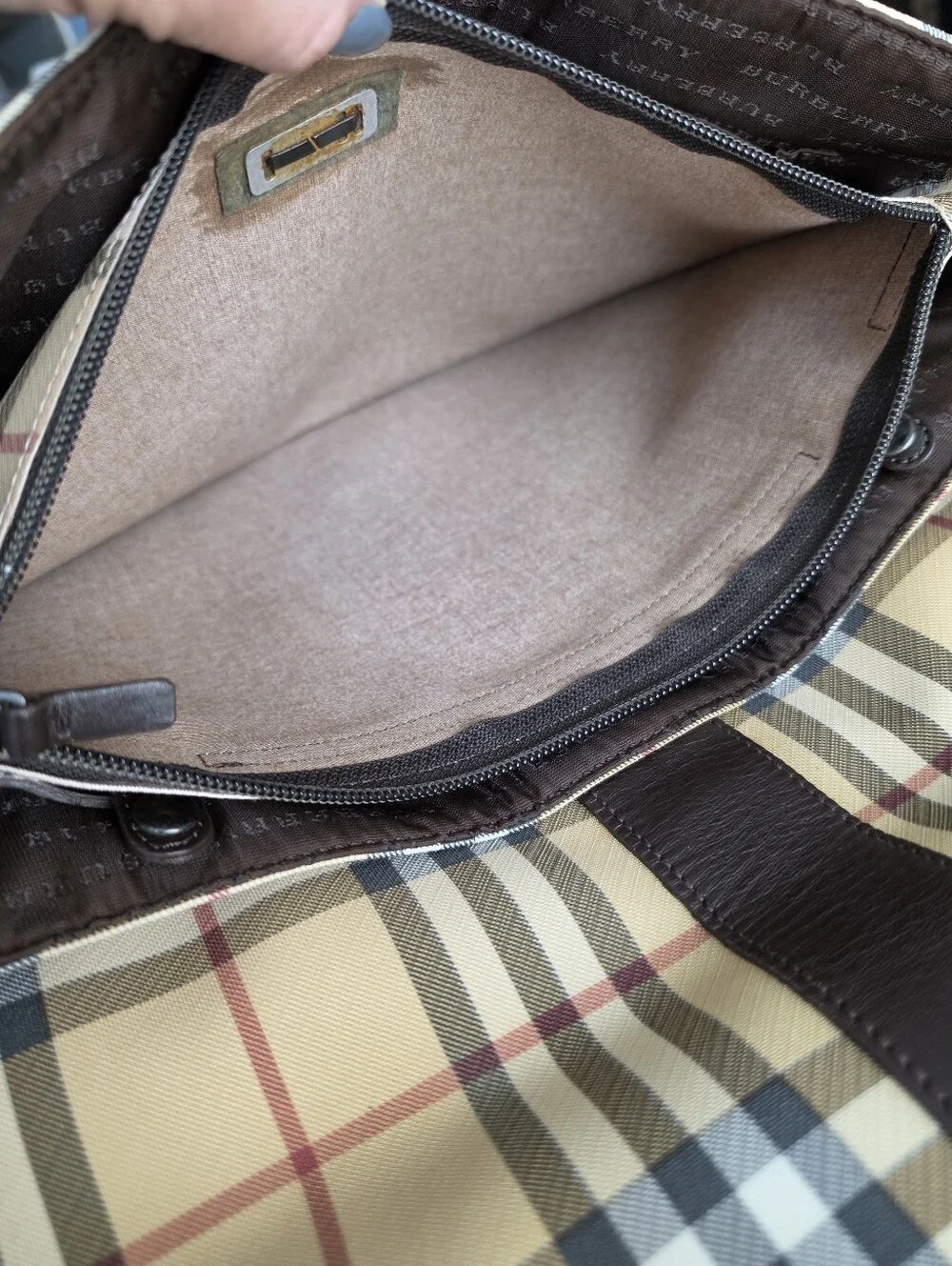 Authentic Burberry Classic Plaid Messenger Bag in Beige with Brown Leather Trim
